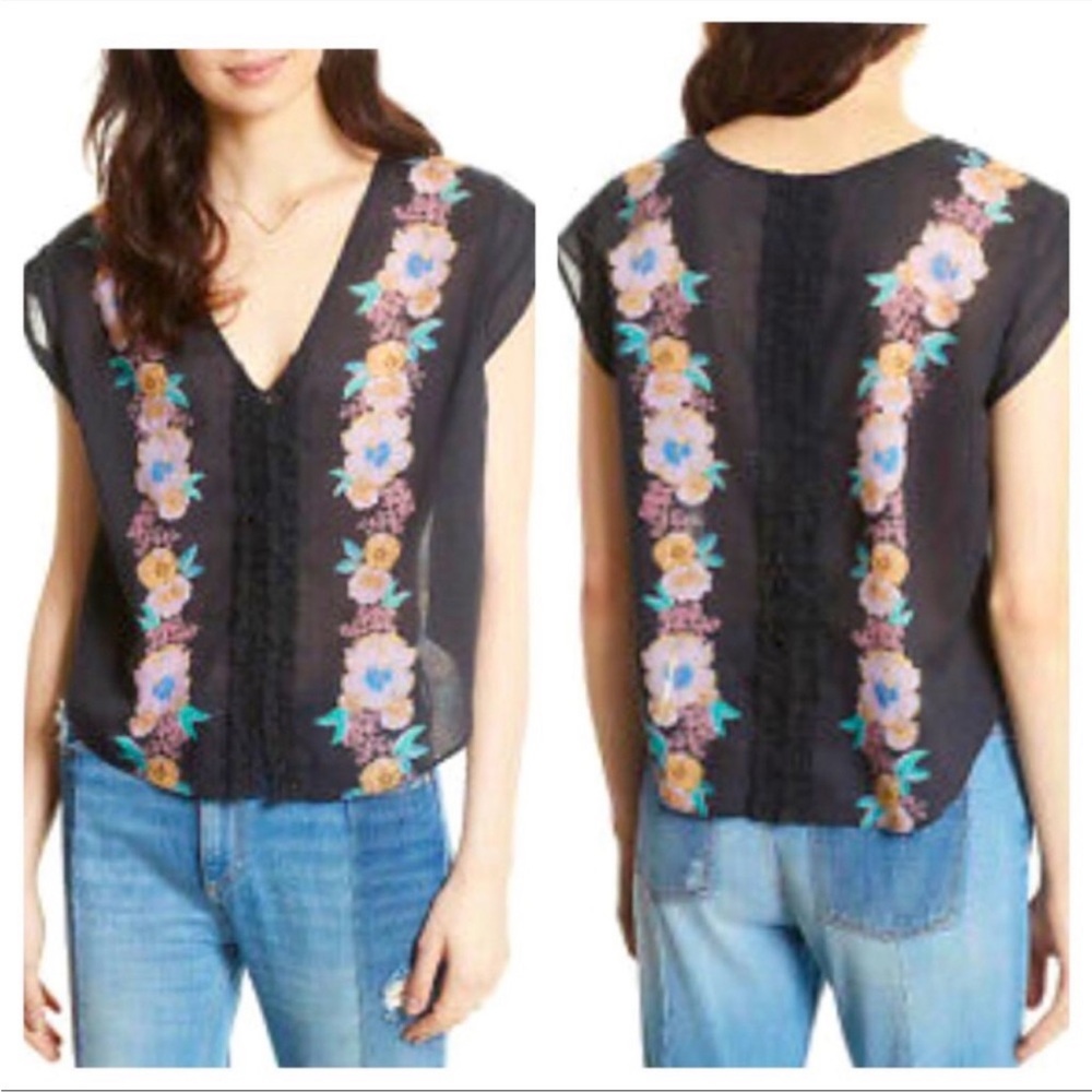 Free People Sz S 100% Cotton Gardenia Cap Sleeve Sheer Black Blouse